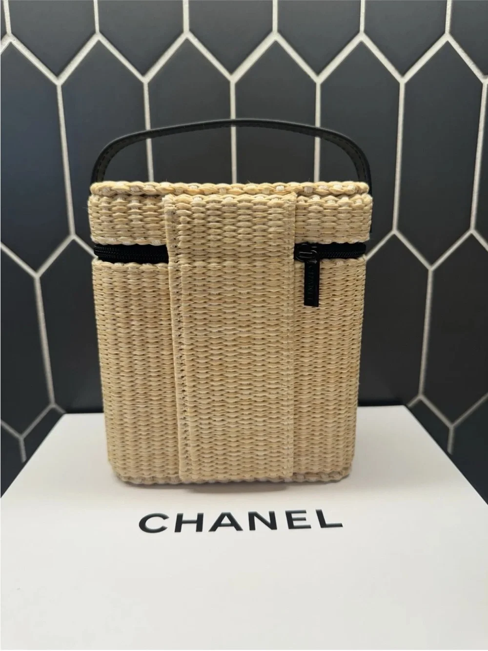 CHANEL Straw Cosmetic Case in Natural and Black